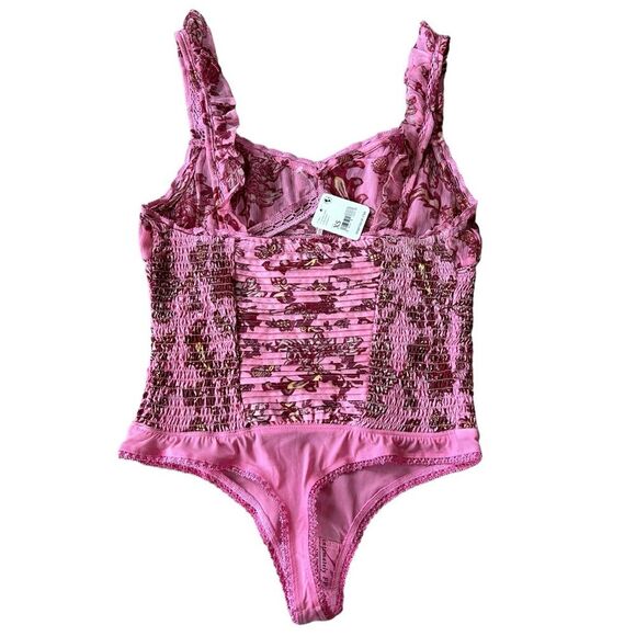 Free People XS Ruched Front Pink Micro Floral Bodysuit Coquette Fairy Girl New - Picture 3 of 9